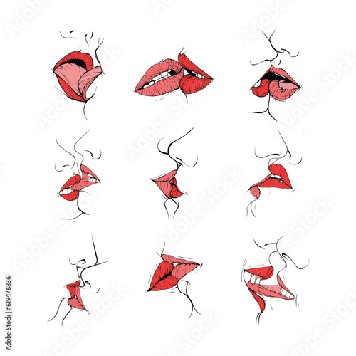 set couple kissing lips collction sketch vector illustration line art photo