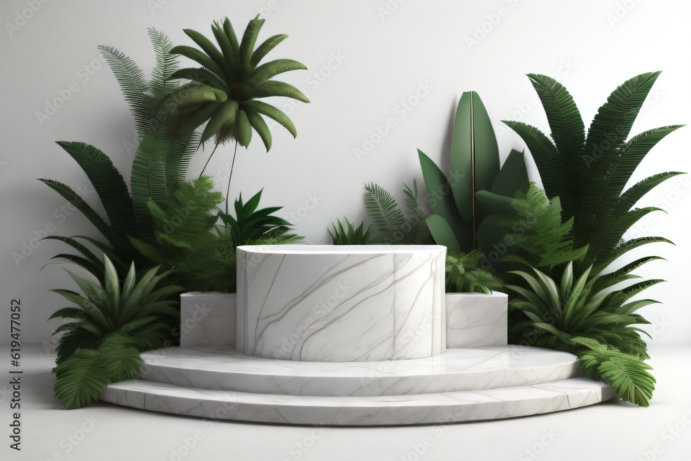 white marble cylinder podium green leaves in white background made with Generative AI white marble cylinder podium green leaves in white background made with Generative AI