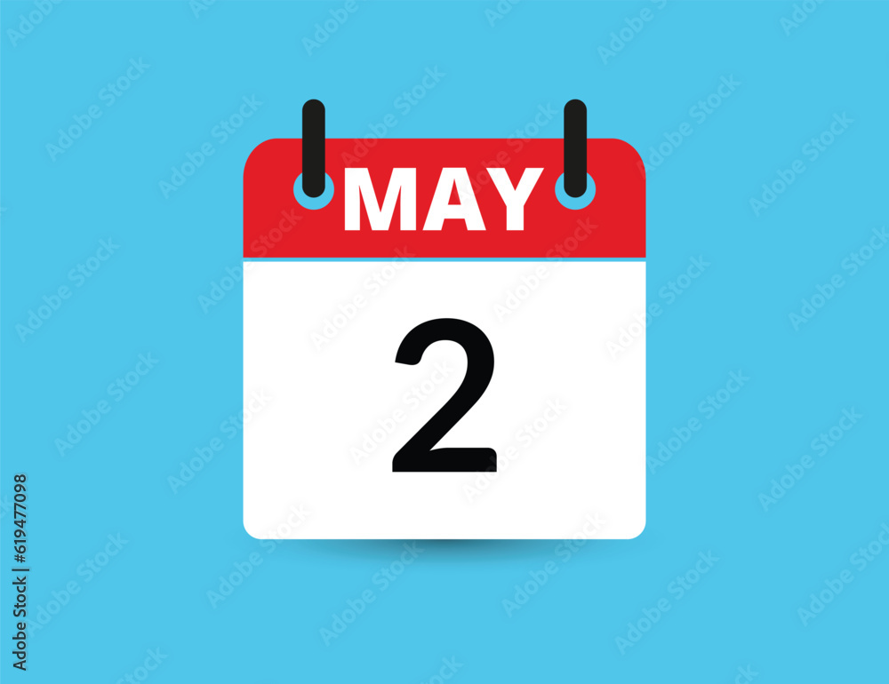 May 2. Flat icon calendar isolated on blue background. Date and month vector illustration May 2. Flat icon calendar isolated on blue background. Date and month vector illustration