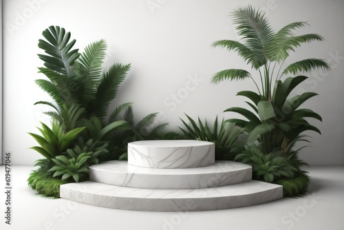 white marble cylinder podium green leaves in white background made with Generative AI