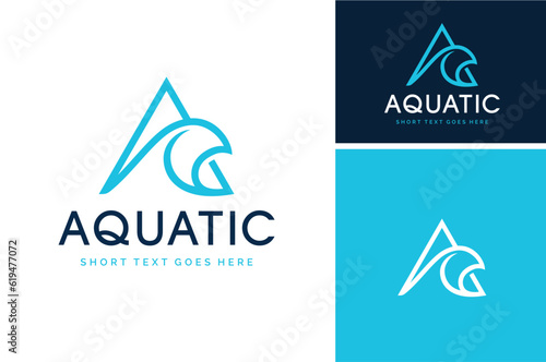Triangle Initial Letter A with Ocean Sea Wave for Surf or Ship Boat Nautical Logo