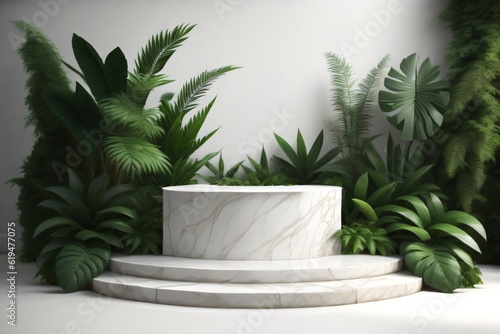 white marble cylinder podium green leaves in white background made with Generative AI