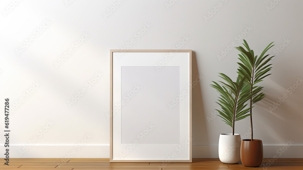 Blank photo frame mockup suspended from a wall, with a wooden floor beneath, minimalistic, cut-out style. --ar 16:9 Blank photo frame mockup suspended from a wall, with a wooden floor beneath, minimalistic, cut-out style. --ar 16:9