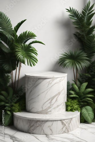white marble cylinder podium green leaves in white background made with Generative AI