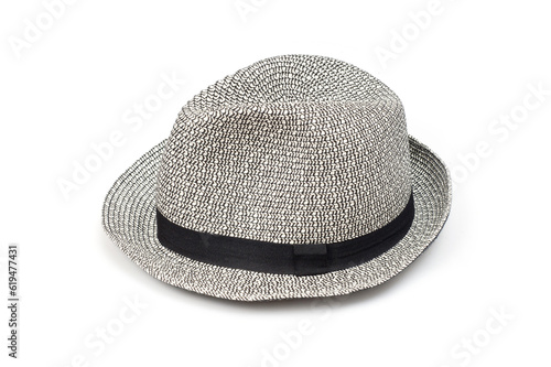 Light gray brim hat with black band  unisex  white background.