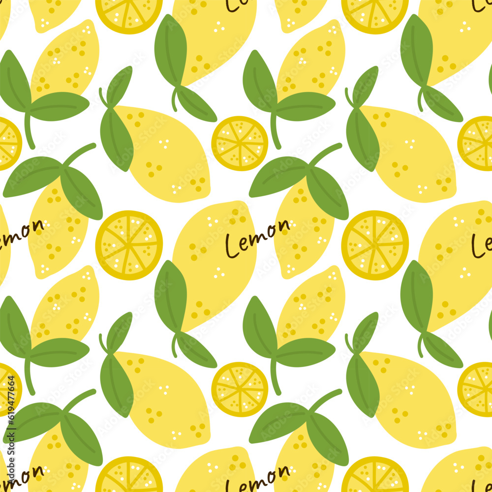 Seamless pattern with lemons and inscription on a white background. Hand drawn illustration