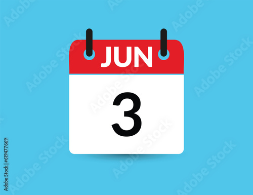 June 3. Flat icon calendar isolated on blue background. Date and month vector illustration