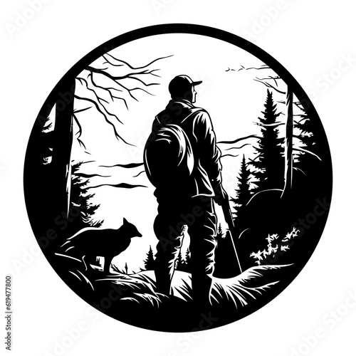 Hunter and hunting animals in the pine forest.Vector silhouette of hunting isolated on white.