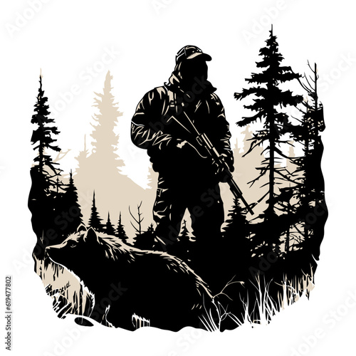 Hunter and hunting animals in the pine forest.Vector silhouette of hunting isolated on white.