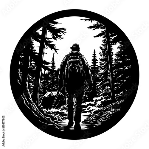 Hunter and hunting animals in the pine forest.Vector silhouette of hunting isolated on white.