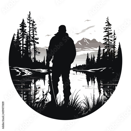 Hunter and hunting animals in the pine forest.Vector silhouette of hunting isolated on white.