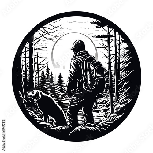 Hunter and hunting animals in the pine forest.Vector silhouette of hunting isolated on white.