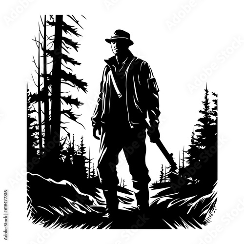 Hunter and hunting animals in the pine forest.Vector silhouette of hunting isolated on white.