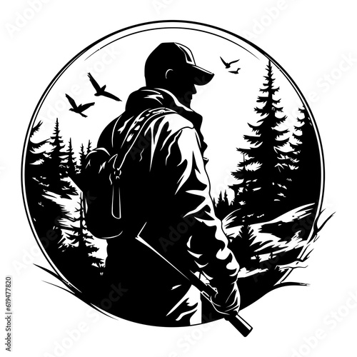 Hunter and hunting animals in the pine forest.Vector silhouette of hunting isolated on white.