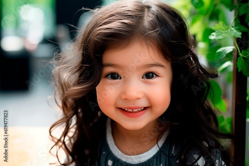 Close-up portrait of a little Asian girl with long black hair. AI generation.