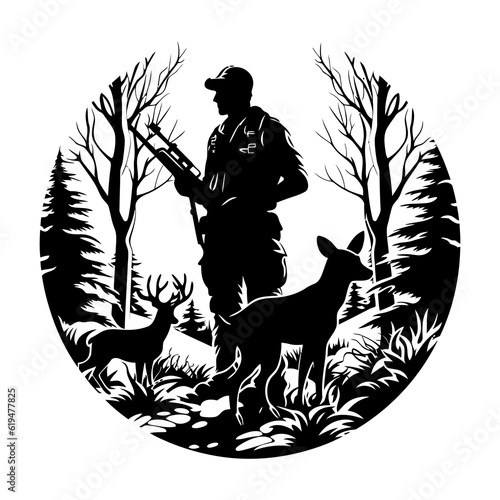 Hunter and hunting animals in the pine forest.Vector silhouette of hunting isolated on white.