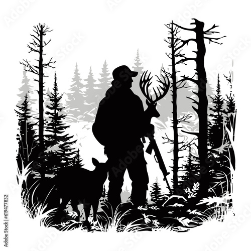 Hunter and hunting animals in the pine forest.Vector silhouette of hunting isolated on white.