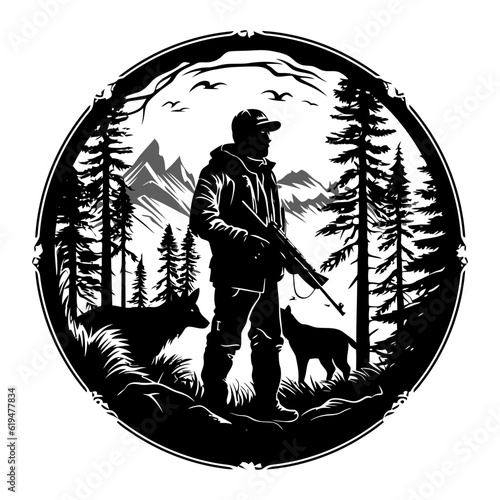 Hunter and hunting animals in the pine forest.Vector silhouette of hunting isolated on white.