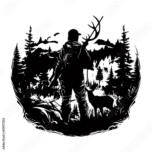 Hunter and hunting animals in the pine forest.Vector silhouette of hunting isolated on white.