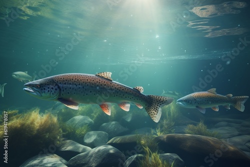 A detailed illustration of a group of fish, such as salmon or trout, in their natural environment, Generative AI