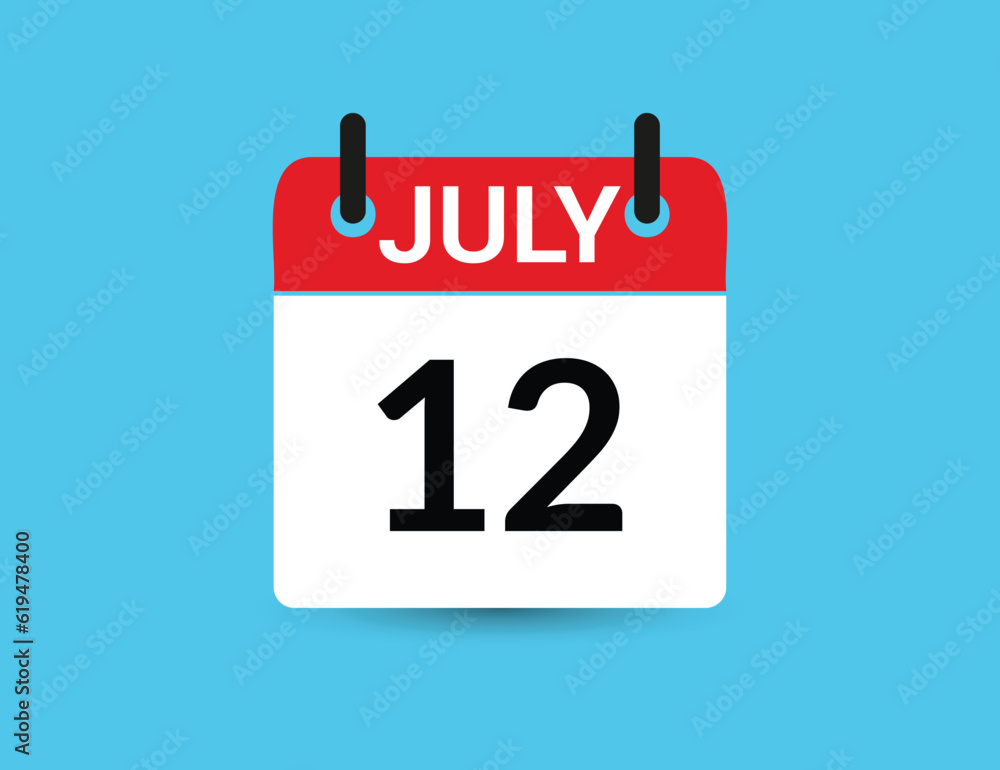 July 12. Flat icon calendar isolated on blue background. Date and month vector illustration July 12. Flat icon calendar isolated on blue background. Date and month vector illustration