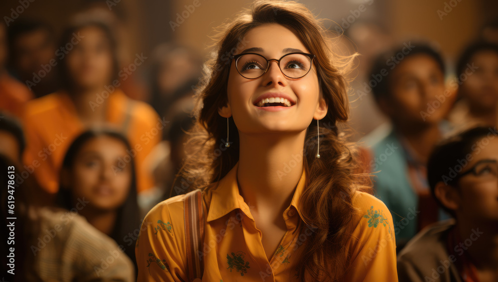Obraz premium Portrait of a Young University Student: A Determined Woman Captured in an Academic Portrait with an Auditorium as the Background, Symbolizing Her Educational Journey.