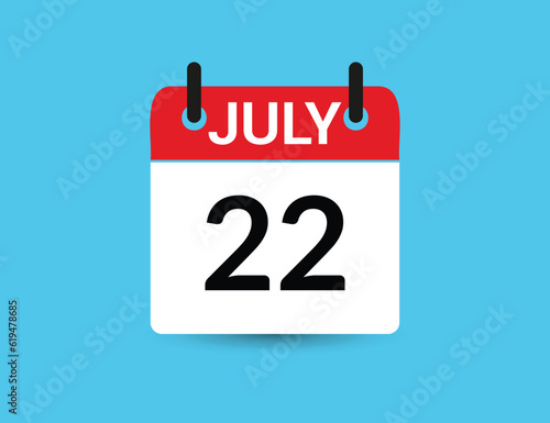 July 22. Flat icon calendar isolated on blue background. Date and month vector illustration