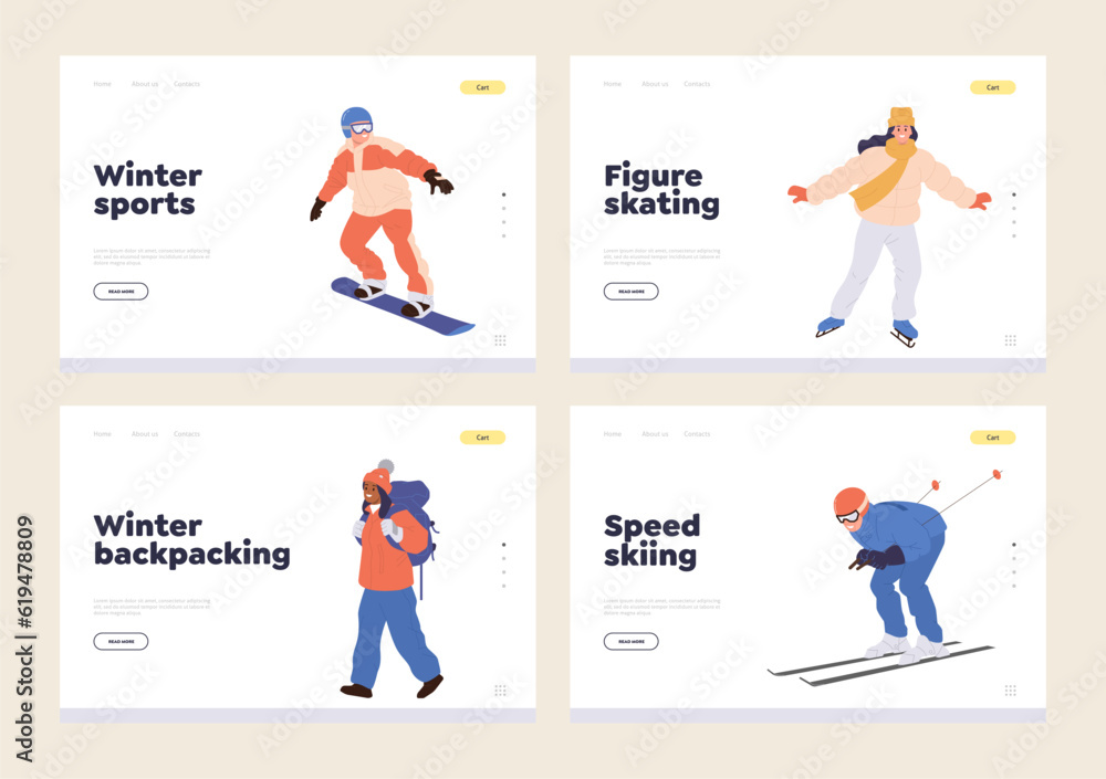 Set of landing page design template offering extreme winter recreation and outdoor entertainment