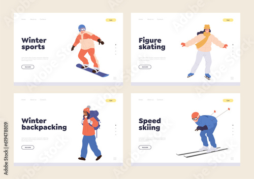 Set of landing page design template offering extreme winter recreation and outdoor entertainment