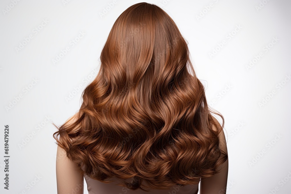 Fototapeta premium Back View of Woman with Beautiful Brown Wavy Hair | Fashionable Hairstyle