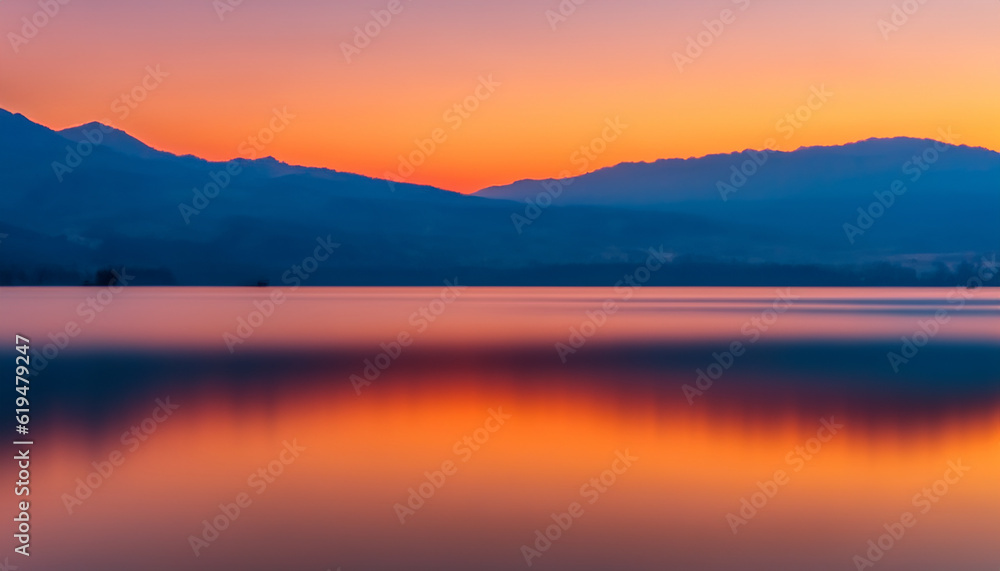 sunrise over the lake with mountain and orange sky