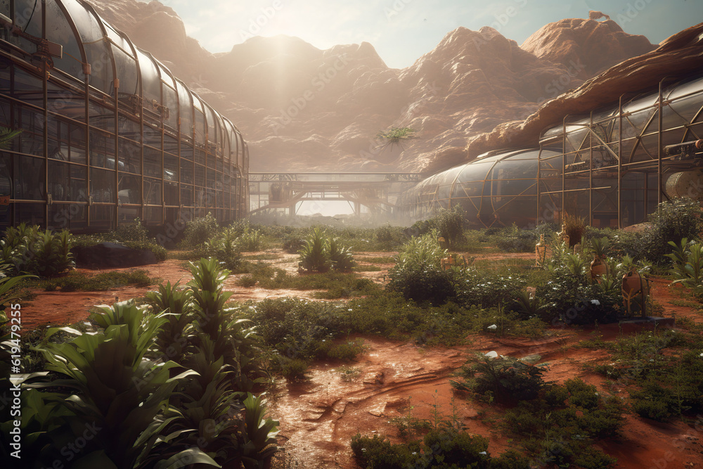 Growing plant in greenhouse on Mars, futuristic fantasy image