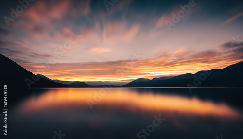 sunrise over the lake with mountains and yellow gold sky