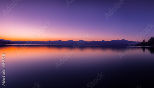 Sunset over the lake purple sky