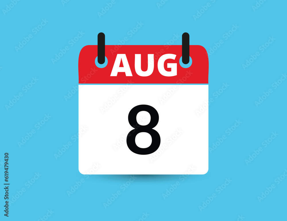 August 8. Flat icon calendar isolated on blue background. Date and month vector illustration August 8. Flat icon calendar isolated on blue background. Date and month vector illustration