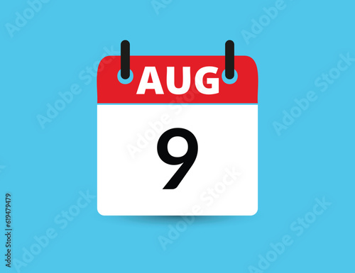 August 9. Flat icon calendar isolated on blue background. Date and month vector illustration