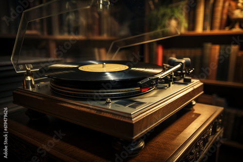 Old vinyl recordes shop on the wooden table, Retro styled, AI Generative.