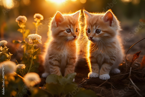 Kitten Kitten scottish fold on the field in the morning light. Generative AI. © Benjawan