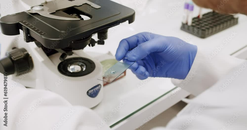 Male doctor using microscope in laboratory.Examining blood under the high-tech microscope equipment.Man in lab coat and latex gloves using microscope to examine sample during work in clinic in daytime Male doctor using microscope in laboratory.Examining blood under the high-tech microscope equipment.Man in lab coat and latex gloves using microscope to examine sample during work in clinic in daytime