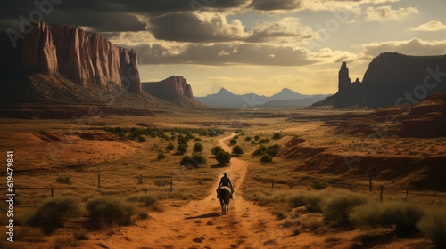 Fotografia Western landscape with silhouette of a lonely cowboy riding a horse in beautiful