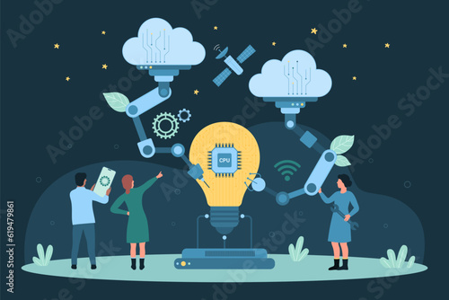 Cartoon tiny people use machines to produce and develop creative ideas, control robot arms and manipulators to fix and repair CPU circuits inside light bulb. Project development vector illustration.