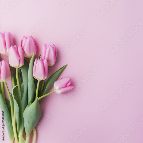 Bouquet of pink tulips on pink background. Flat lay, top view