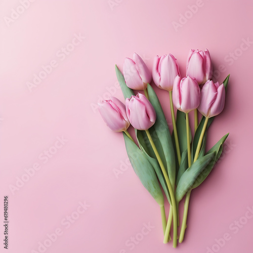 Bouquet of pink tulips on pink background. Flat lay, top view © Soeren
