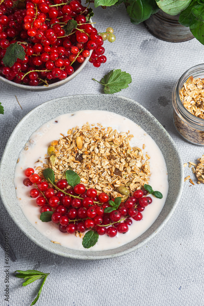 Oatmeal. Granola with yogurt and red currant
Oatmeal. Granola with yogurt and red currant