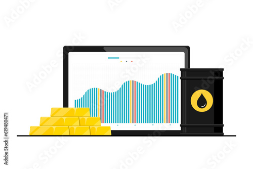 Global gold and oil barrel trading market, Oil barrel with gold bar, tablet on isolated background, Digital marketing illustration.