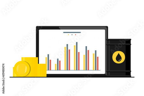 Global oil barrel trading market, Oil barrel with gold coin, tablet on isolated background, Digital marketing illustration.