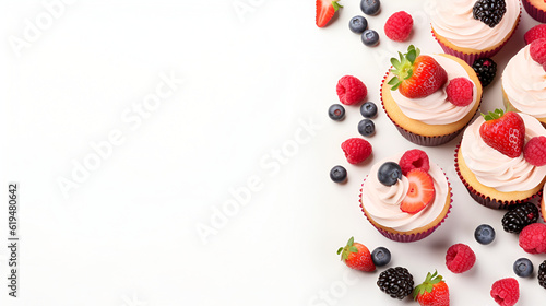 Mini cupcakes set with cream cheese frosting decorated with fresh strawberry, blackberry and blueberry on white background, flat lay. Delicious homemade vanilla cupcakes, copy space, top view. AI