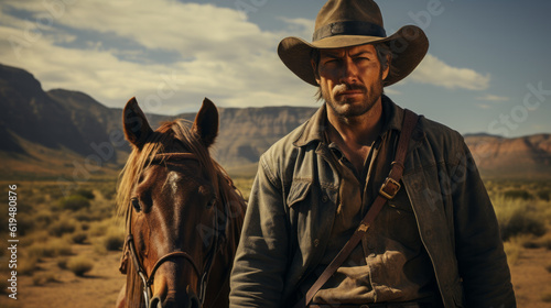 Portrait of a cowboy with hat in western movie style