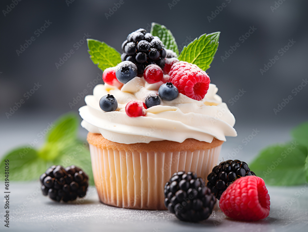 Close up of a cupcake with whipped cream and berries on table with grey blurred background. Creamy vanilla cupcake decorated with fresh blueberry, raspberry and blackberry. AI generated Close up of a cupcake with whipped cream and berries on table with grey blurred background. Creamy vanilla cupcake decorated with fresh blueberry, raspberry and blackberry. AI generated