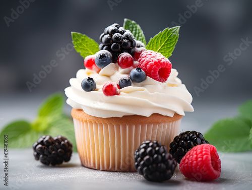 Fototapeta Close up of a cupcake with whipped cream and berries on table with grey blurred background